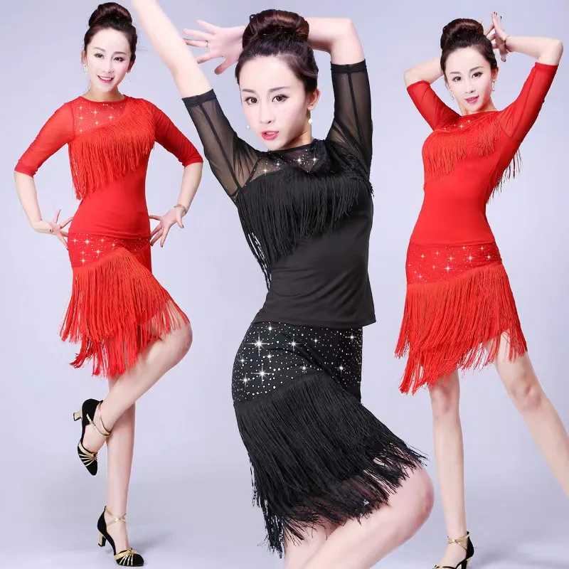 

Adult Women Ballroom Waltz Latin Dance Dress Side Slit Ruffled Hem Dresses Femme Floral Tassels Patchwork Dance wear