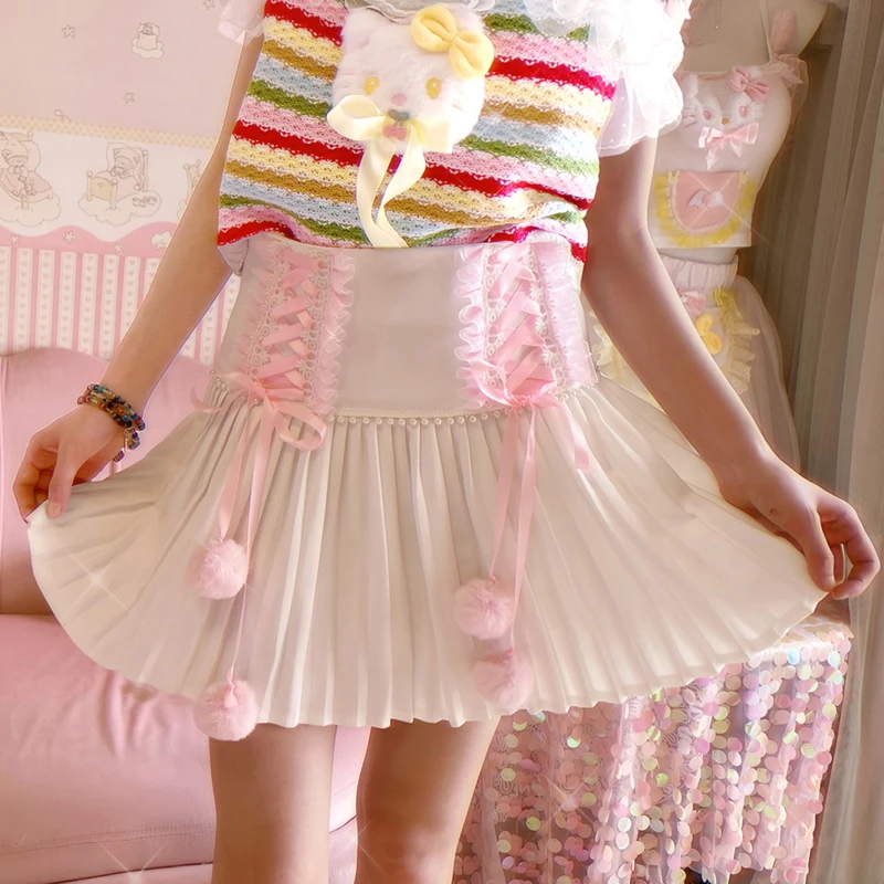 

Japanese Preppy Style Sweet Lolita Lace Bandage Mini Skirt Women Pearl Short Pleated Skirts Girls Casual Cute Faldas Mujer Moda