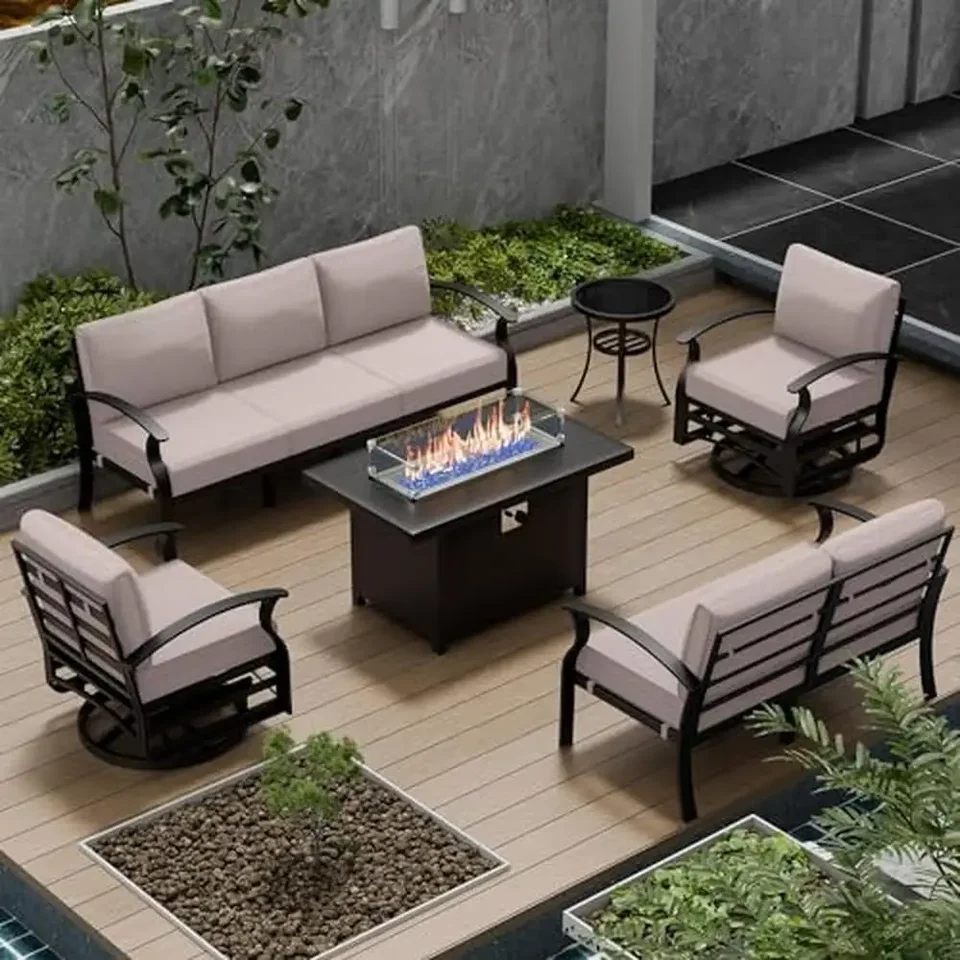 7 Seater Aluminum Patio Furniture Set with Fire Pit