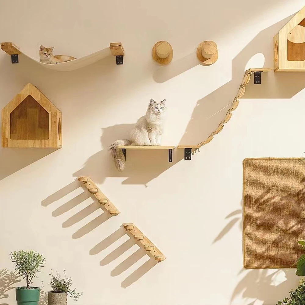 Cat Climbing Tree Wall Mounted Wooden Cat Shelves Jumping Furniture Cat Scratching Post Hammock