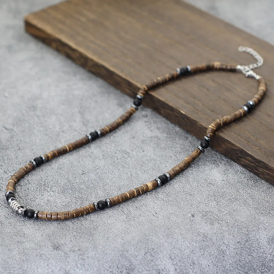 Natural Coconut Husk Necklace for Men with Stainless Steel Buckle