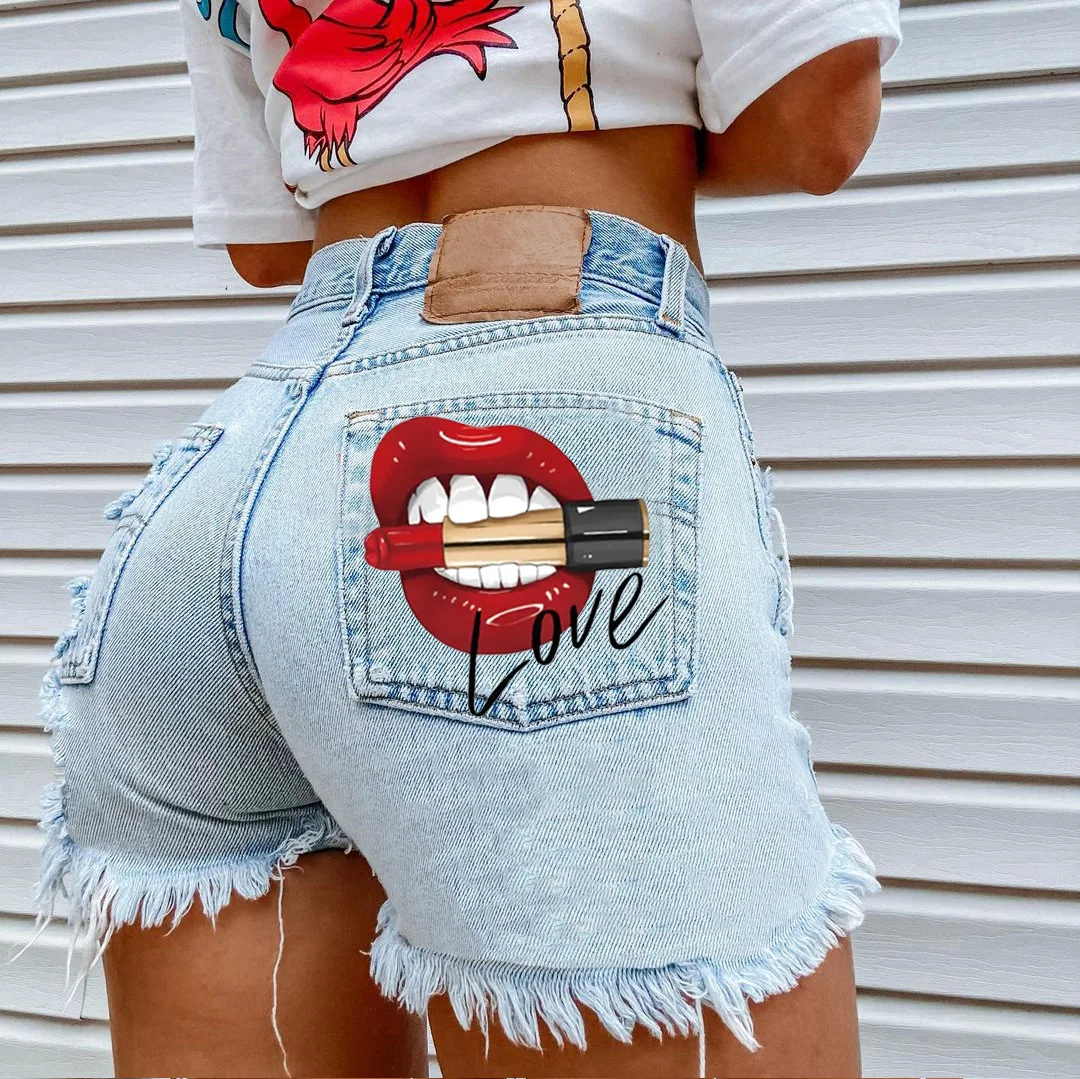 

Denim Shorts For Womenwomen's 2022 New Summer Teenage Girl Style Street Net Red INS Mouth Bite Lipstick Print Pattern Hole Denim