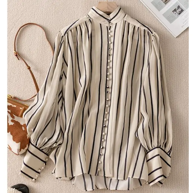 YCMYUNYAN-Satin Stripes Shirt for Women, Silk Vintage Print Blouses, Loose Long Sleeve Top, Fashionable O-Neck, New, Summer