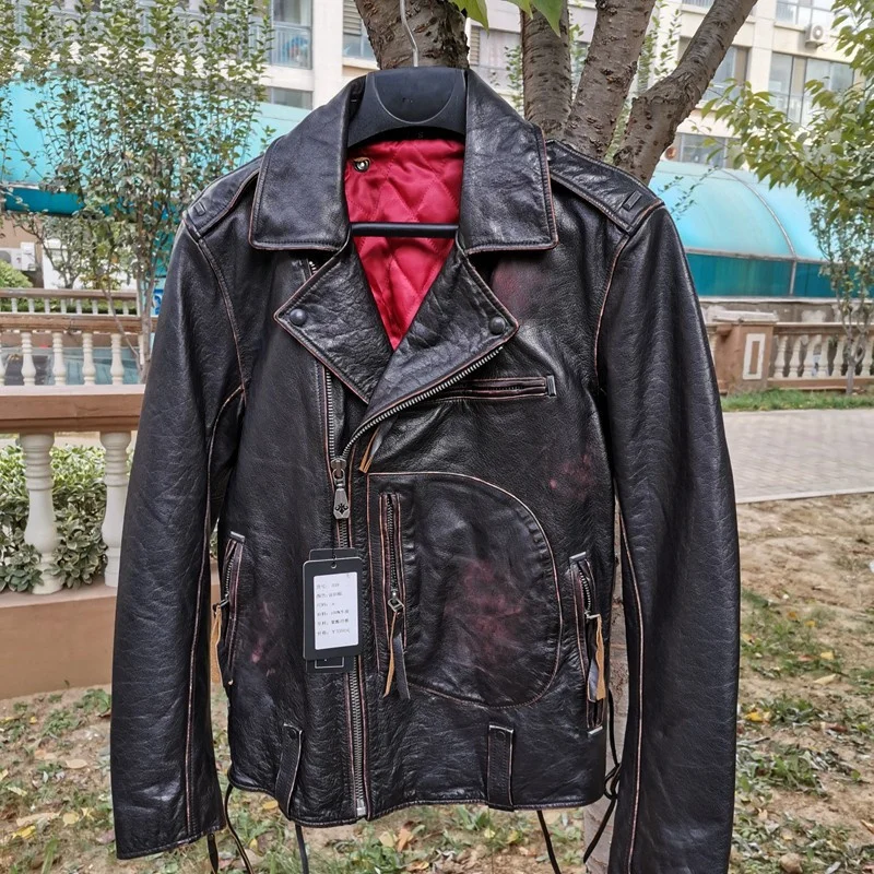 

Vintage Black Autumn Men's Jacket Motorcycle Style Plus Size 6XL Natural Thick Cowhide Winter Biker Genuine Leather Coats
