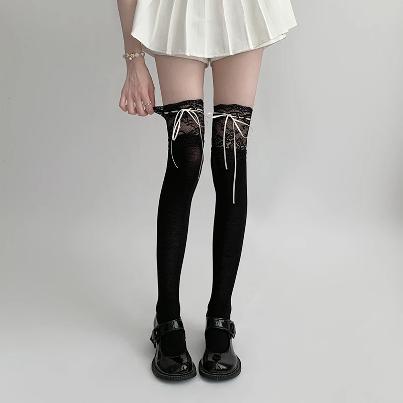 Sweet Girls Long Socks Stockings Women Ribbon Bow Knee High Socks Thigh High Stockings Sexy Lace Lolita Kawaii Thigh High Socks