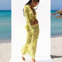 Hirigin-Ensemble 2 pièces chic pour femmes, jupe longue, sexy, motif floral, haut court, taille basse, batterie avec volants, maxi, vêtements de plage, été 5