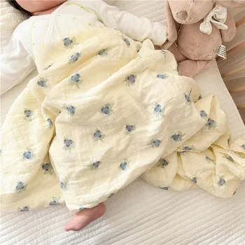 Baby Newborn Blueberry Print Cotton Muslin Swaddle Blanket Muslin Wrap Baby Burp Cloth Towel Scarf Muslin Diapers Baby Stuff 1