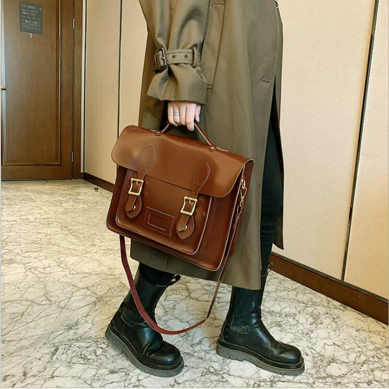 Retro Style Women Backpacks Office Lady Artificial Leather Flap Pocket Messenger Bags Briefcase Bookbags