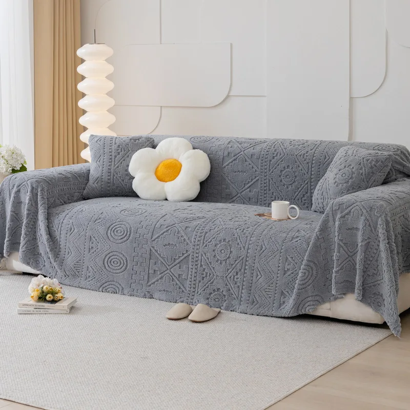 

Jacquard Sofa Cover Ins Style Winter Plush Sofa Towel Thickening Solid Color Anti Cat Scratch Sofa Blanket Full Wrap Cover Cloth