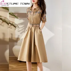 2023 Spring/Summer Korean Edition New Fashion Checker Panel Dress POLO Collar Waist Waist Slim Mid Length Dress