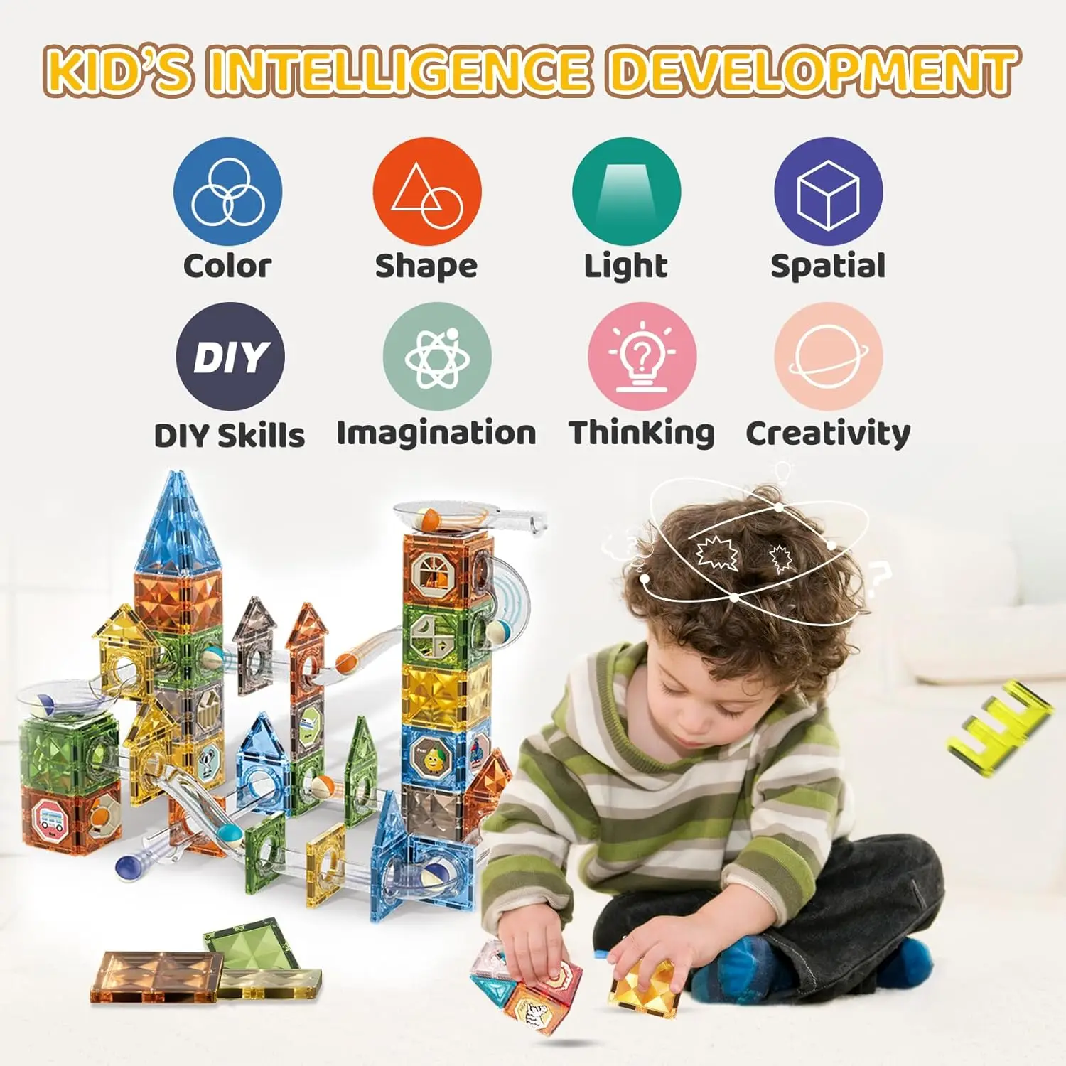 Magnetic Building Blocks with Marble Run Magna Tiles Colorful and Colour Light Strong Magnetic Toy Montessori STEM Game