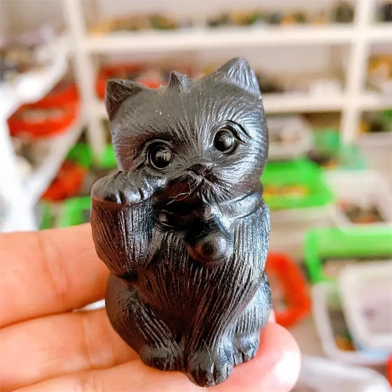 

Натуральный черный обсидиан, кот удачи, драгоценный камень, резьба, Исцеляющие фигурки животных, украшение для дома, детский праздничный подарок, 1 шт.