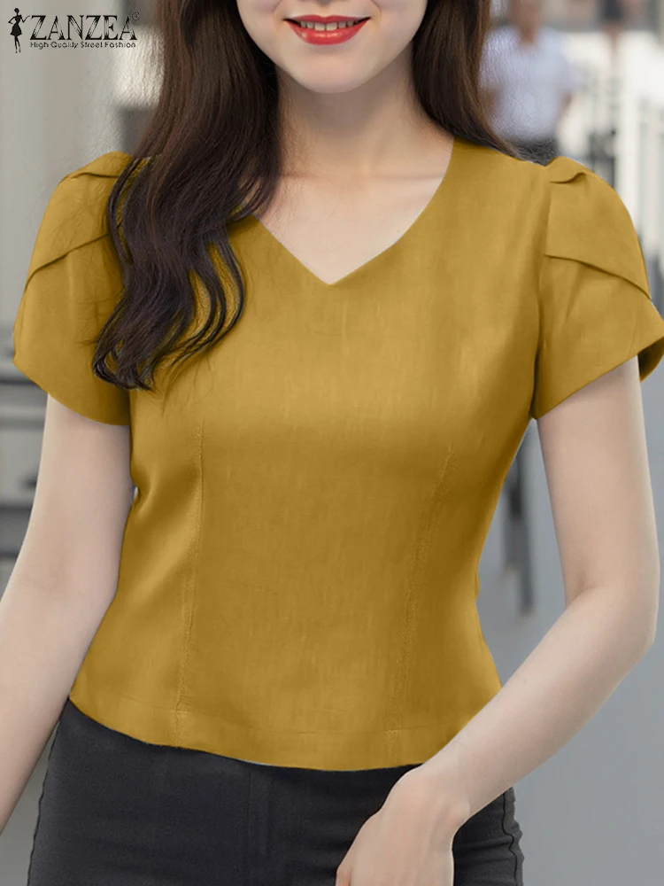 Women Summer Short Sleeve Blouse Casual V Neck Solid Color Tops