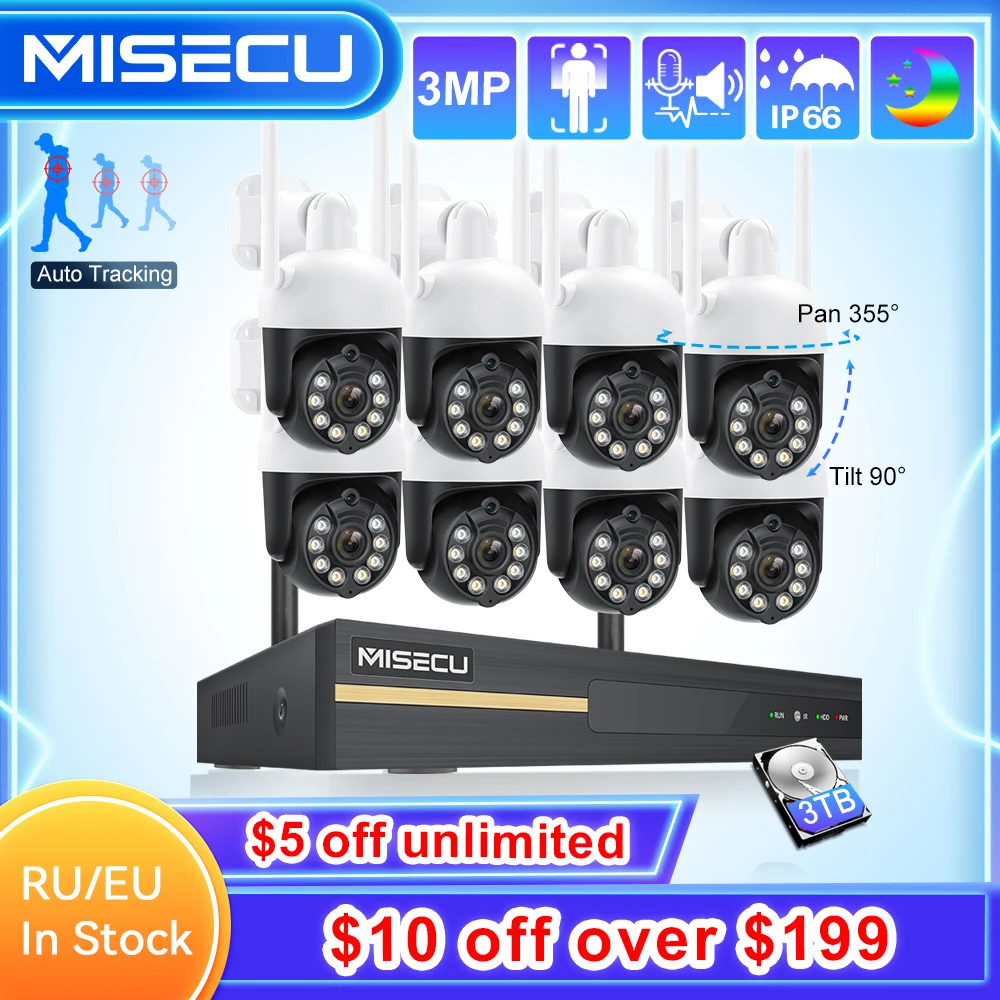 Misecu 8Ch 3Mp Ptz Sistema Di Sicurezza Della Telecamera Wireless Telecamera Ip Wifi Rotante Esterna H.265 Nvr Cctv Record Kit Di Videosorveglianza