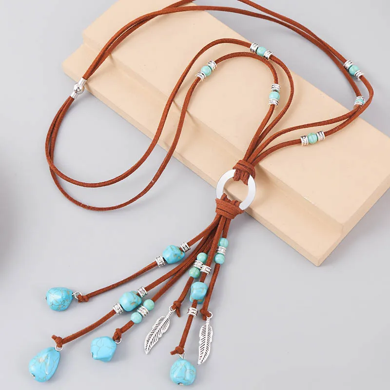 Bohemian Style Genuine Leather Sweater Chain Necklace for Women Irregular Blue Stone Pendant Long Necklace Boho Jewelry Gifts - Image 6
