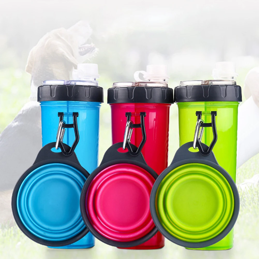 

2in1 Pet Travel Water Bottle Outdoor Portable Dog Cat Feeder Puppy Drink Cup Foldable Silicone Dogs Feeding Bowl Food Container
