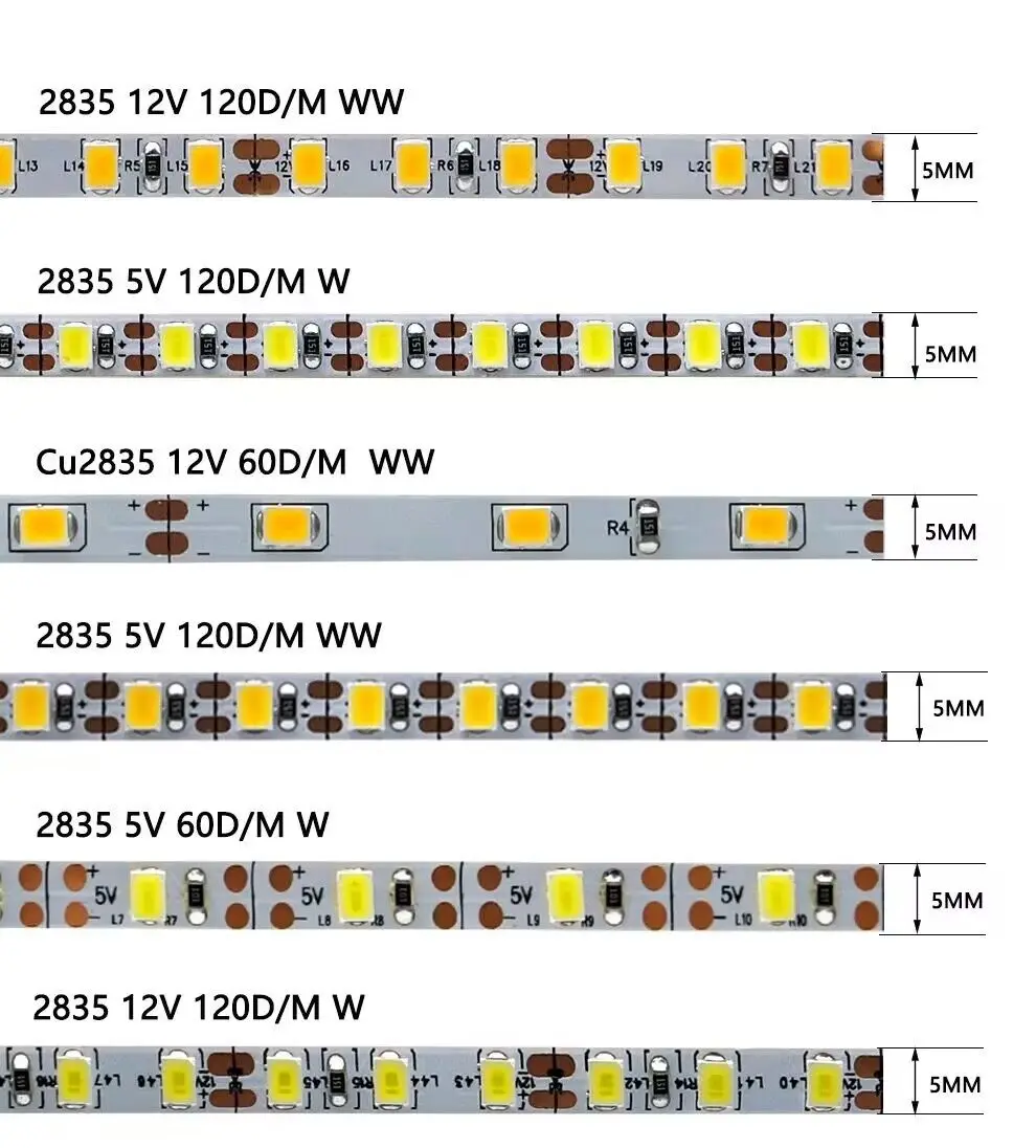 5M 2835 SMD DC5V/12V flexible strip light;60/120LED/m,5mm wide PCB,white  pcb;IP20/IP65/IP67 - AliExpress