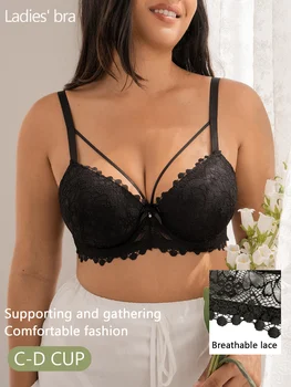 Plus Size Lace Push Up Bra for Women Wide Strap Underwire Anti-sagging Side Gathering Bra Daily Thin Cup Comfortable Lingerie