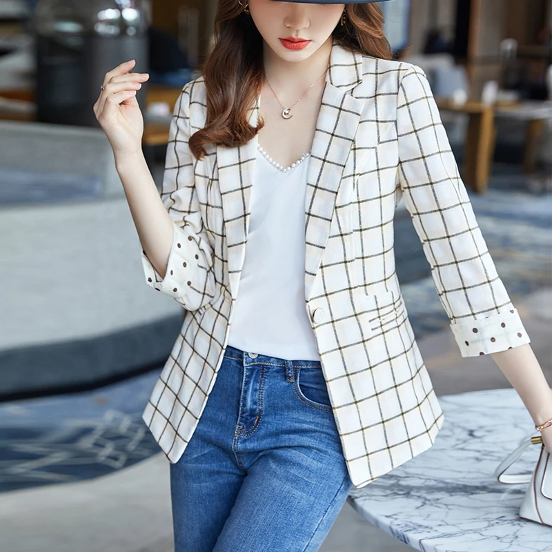 

Blazers Women Fashion Plaid Korean Chic Summer Ladies Elegant Coats Single Button Thin Casual Small Blazer Tops S- 4XL