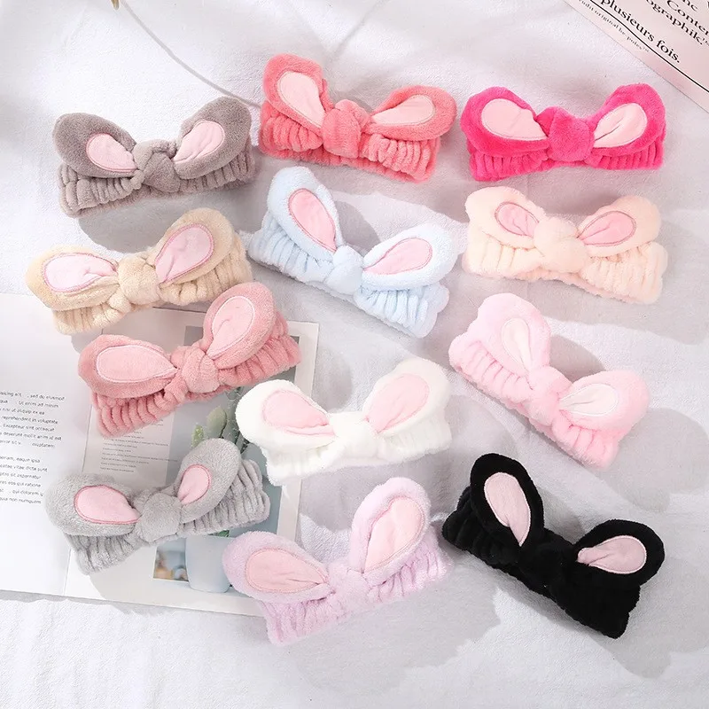 Coral Fleece Rabbit Ears Headband Cross Top Knot Hairband Elastic Hair Band Women Girls Makeup Soft Wash Face Hair Accessories