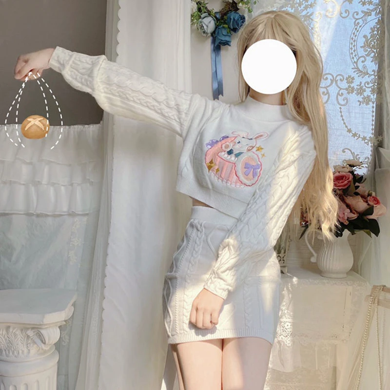 Women Knitted Lolita Sets O-Neck Long Sleeve Casual Crop Tops Kawaii Bunny Embroidery Sweaters Mini Knitted Twist Skirts Suits