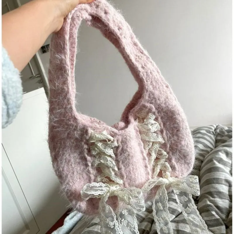 JIAERDI Fairycore Pink Shoulder Bags Women Sweet Lace Bow Chic Knitted Bag Female Vintage Cute Underarm Bag Handbag Aesthetic