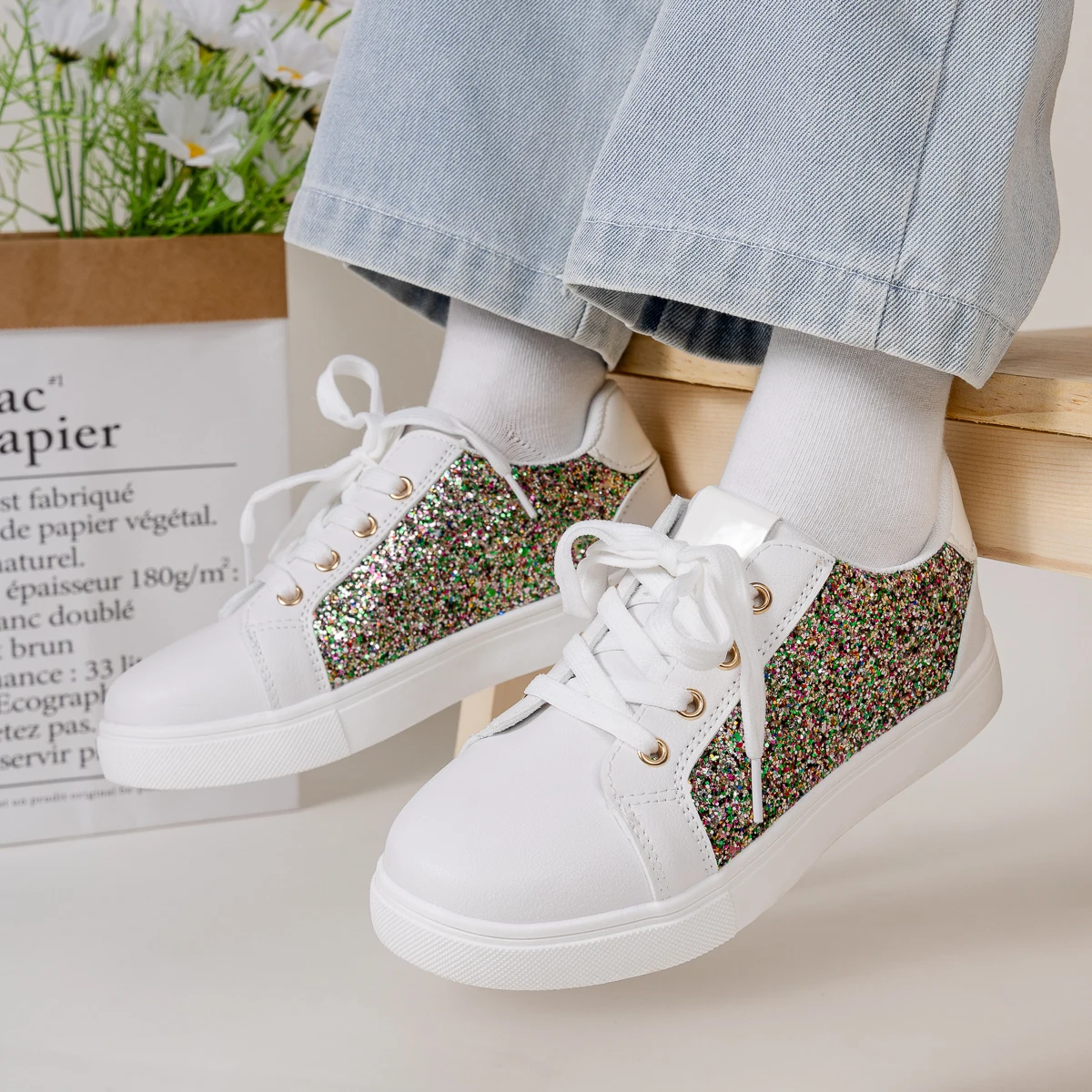 Girls' Casual Glitter Sneakers Multi-Color Sparkly Fashion Shoes Hook & Loop Non-Slip Kids Party Footwear - 2