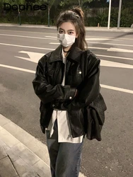 Lapel Long Sleeve Black Zipper Leather Coat Female 2023 Spring Autumn New Retro Loose Motorcycle PU Leather Jacket Women