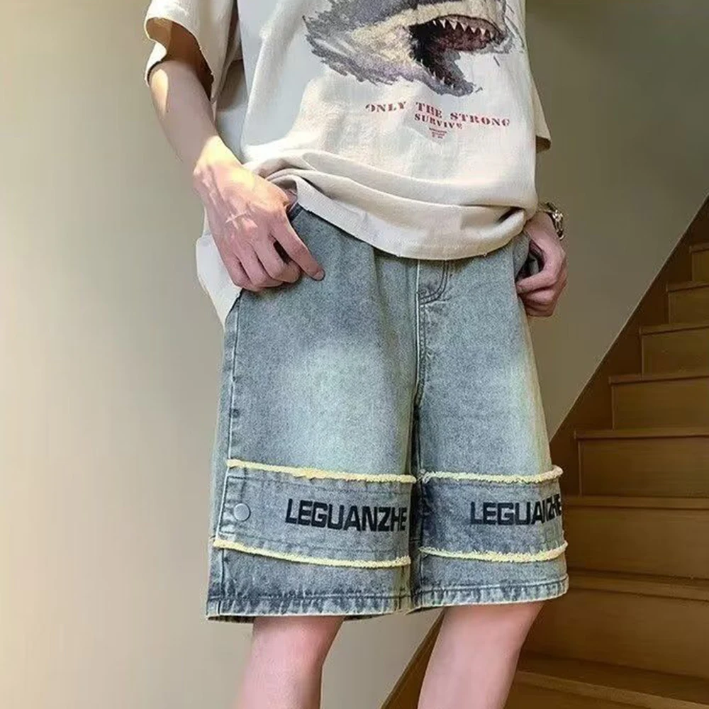 American Retro Men's Summer High Street Hip-hop Made of Old Washed Stitching Five-point Straight Y2K Embroidered Denim Shorts