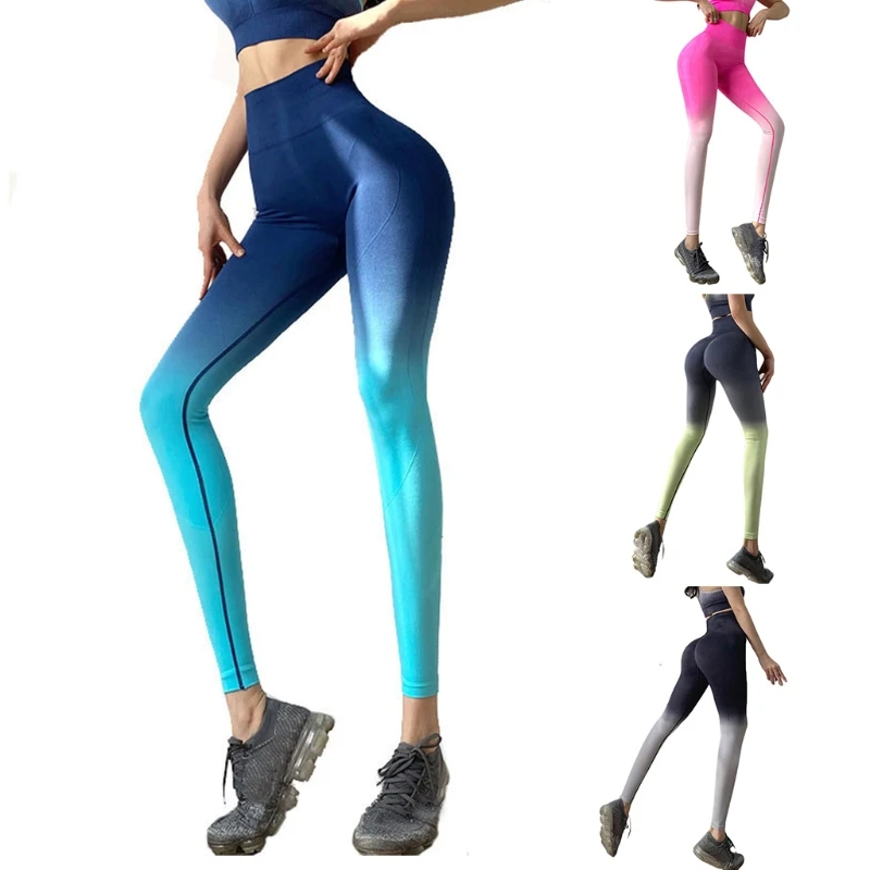 

Womens High Waist Seamless Stretchy Yoga Pants Gradient Tummy Control Leggings Push Up Butt Lift Workout Fitness Tights