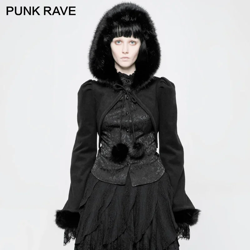 

PUNK RAVE Lolita Style Imitation Rabbit Soft Ladies Hooded Cosplay Goth Jackets Women Slightly Horn Shaped Cuff Short Coat