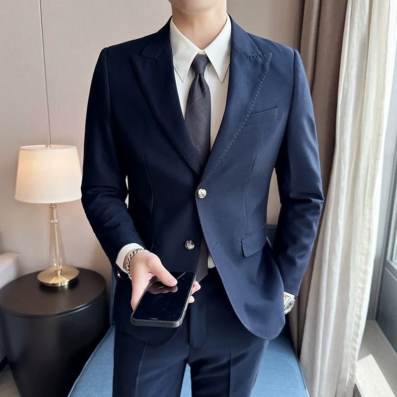 Jacket + Pants 2 Pieces Men's Elegant Fashion Slim Fit Suits Formal Business Wedding Tuxedos Casual Gentleman Solid Dress Suit