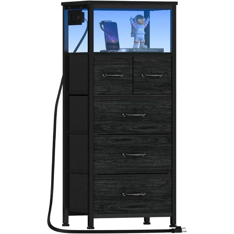 

Vertical Dresser with Charging Station and LED Lights, Black Chest of Drawers with Shelf and 5 Fabric Bins, Tall Nightstand