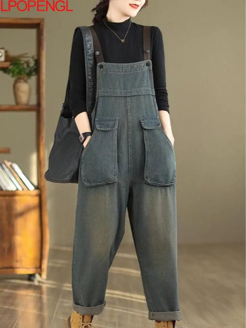 

Woman Fashion Literary Vintage Loose Denim Suspenders Overalls Autumn Streetwear Three-dimensional Pocket Ankle-length Pants