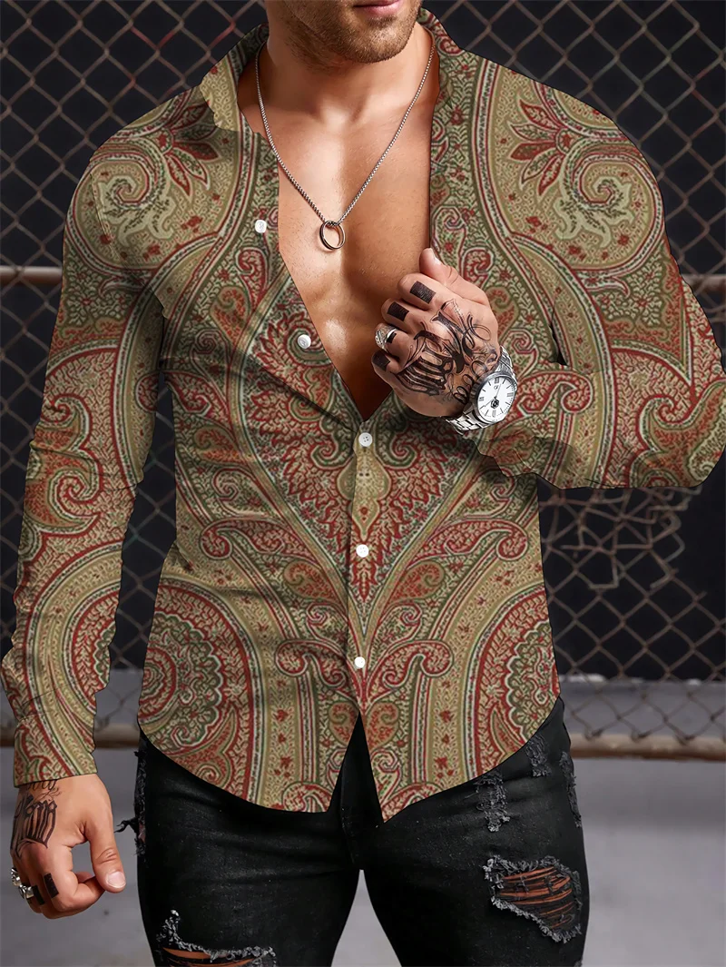 

2023 Men's Long Sleeve Shirt Harajuku Vintage Pattern Polo Collar Fashion Casual Top S-5XL