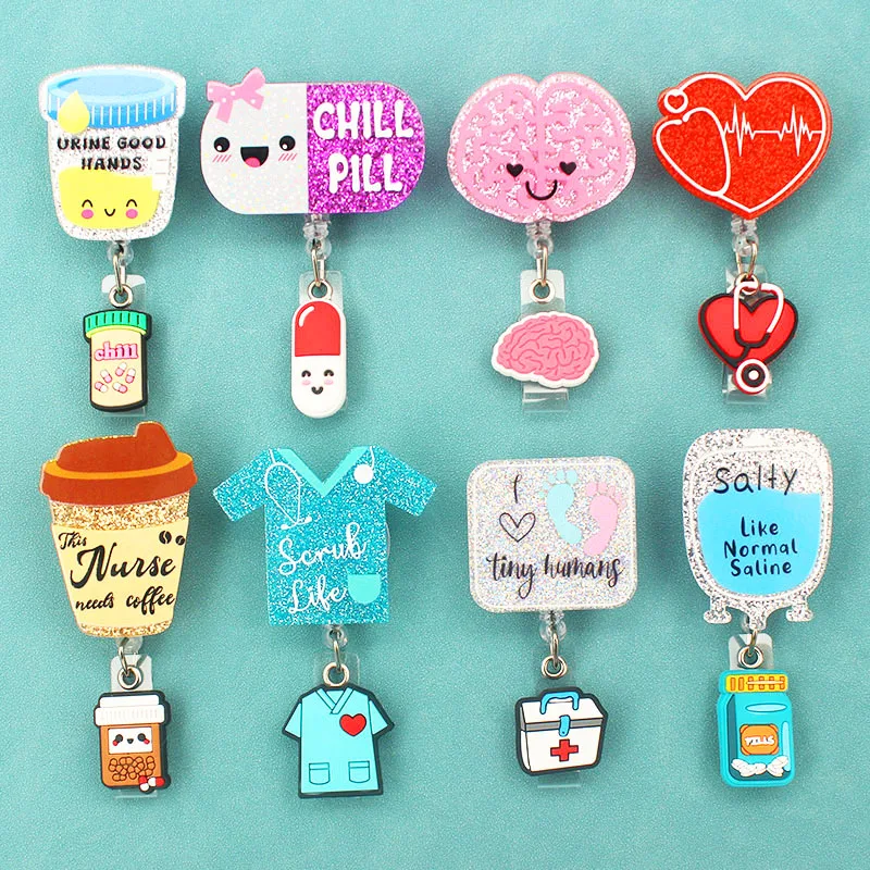 반짝이는 PVC 의료 용품, 개폐식 배지 릴 카드 홀더, 전시회 이름 카드, 의사 간호사, 귀여운 스타일 