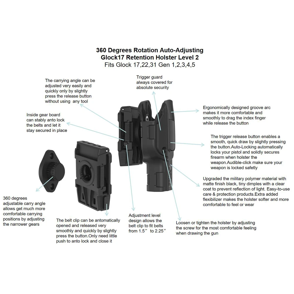 360&deg; Rotation Belt Loop Holster Glock 17 Glock 22 OWB Belt Holster G17 gen 5 pistol holster gun holster gun accessories hunting holster