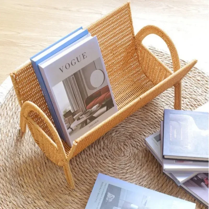 Kens Hand Woven Vertical Magazine Living Room Floor To Ceiling Small Bookshelf, Imitation Rattan Light Luxury Book, Storage