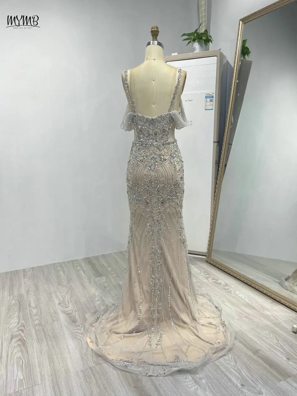 MYMB Luxuriöses grünes Meerjungfrau-Abendkleid mit Spaghettiträgern für formelle Anlässe, schulterfreies Hochzeitsgastkleid mit glitzernden Perlen – Detail 9