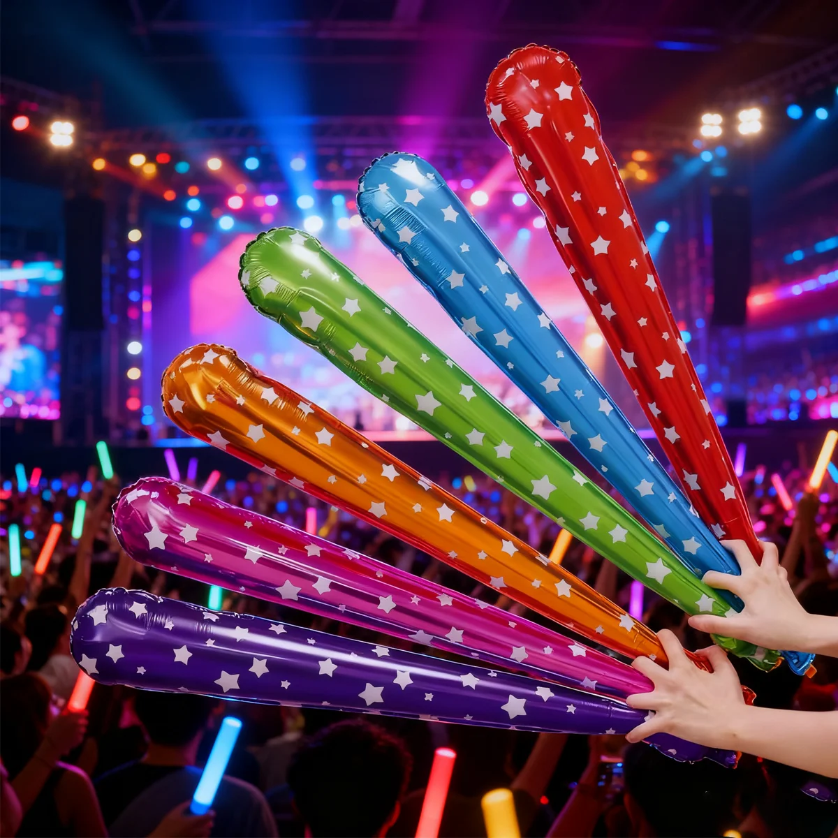 10 Stück/Set aufblasbare Cheerleading-Stabballons mit Sternmuster, für Sportveranstaltungen, Konzerte, Eventzubehör, Aluminiumfolienballons