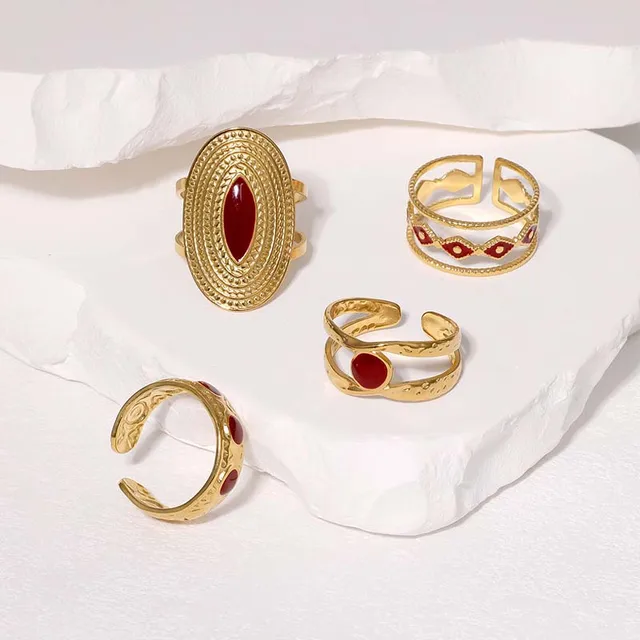 Bagues géométriques Vintage rouge goutte à goutte d'huile pour femmes, en acier inoxydable, couleur or, ouverture en cœur, bagues réglables, bijoux, nouveau 2025