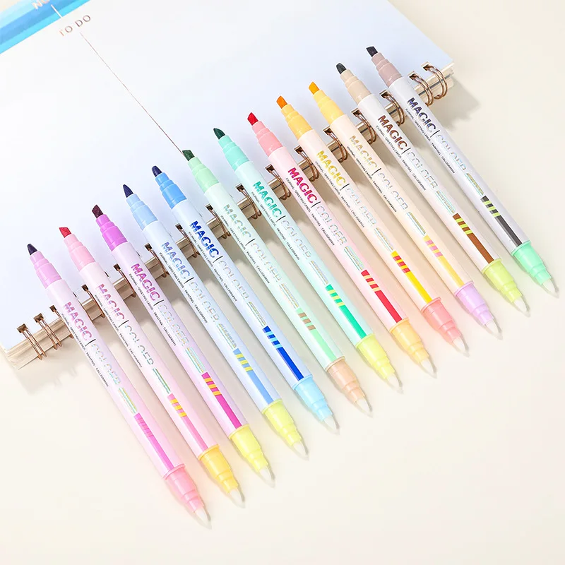 12pcs Double-ended Magic Color Marker Pen Changing Highlighter Pen Set Student Diary Scrapbook Painting DIY Office Supplies highlighter pen