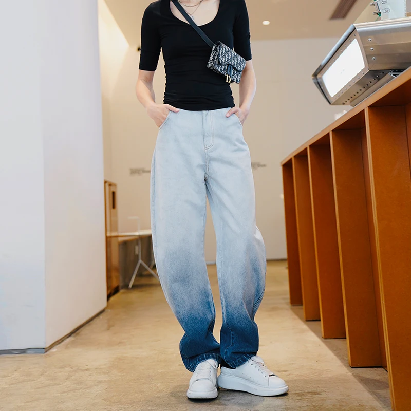 여성용 그라디언트 와이드 레그 팬츠, 낫 바지, 느슨한 허리, 슬림하고 잘 생긴, 세련된 긴 바지