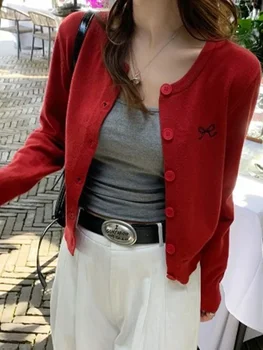 Women Autumn Winter Solid Full Sleeve Sweater Korean Style Bow Embroidered Knitted Cardigan Fashion O-Neck Single-breasted Tops