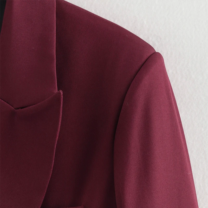 Fashion Burgundy Lapel Blazer Coat Women Elegant Double Breasted Full Sleeve Pocket Jacket Fall New Female Commute Outwear