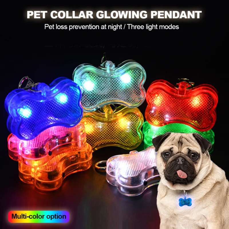 Bone Shaped Luminous Pet Collar, pingente brilhante, acessórios para cães, cachorro andando, luz de advertência com gancho pendurado