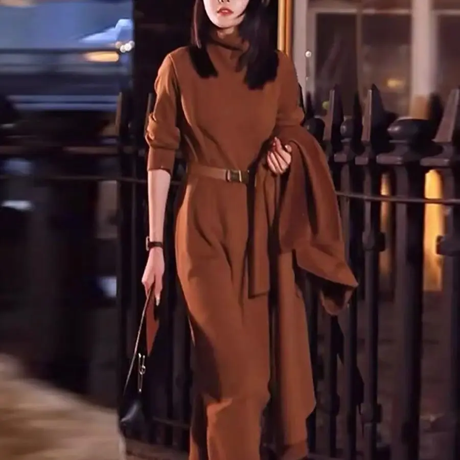 

Плотное теплое шерстяное длинное платье-свитер 2024, женское винтажное трикотажное платье с длинным рукавом, свободный свитер с высоким воротом, вязаные платья осень-зима