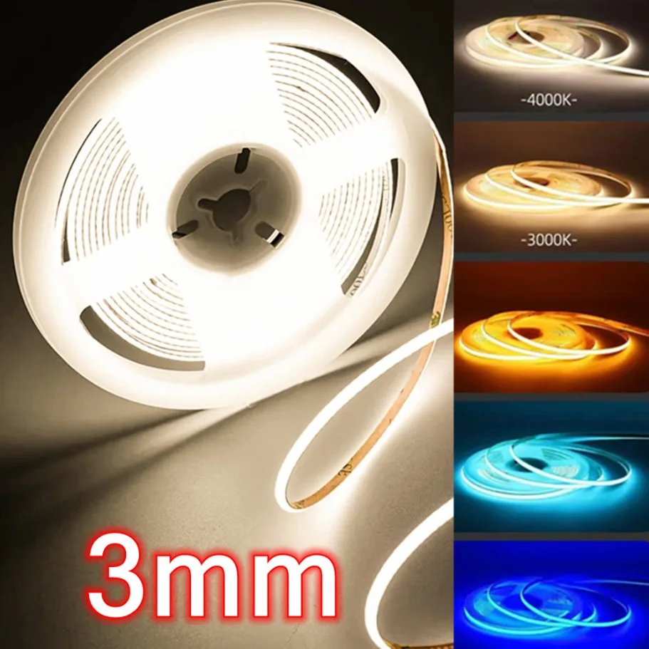 3mm Ultra Thin DC12V 24V Colorful COB LED Strip 3000K 4000K 6000K Dimming High Density Flexible Light 400LEDs For DIY Home Decor