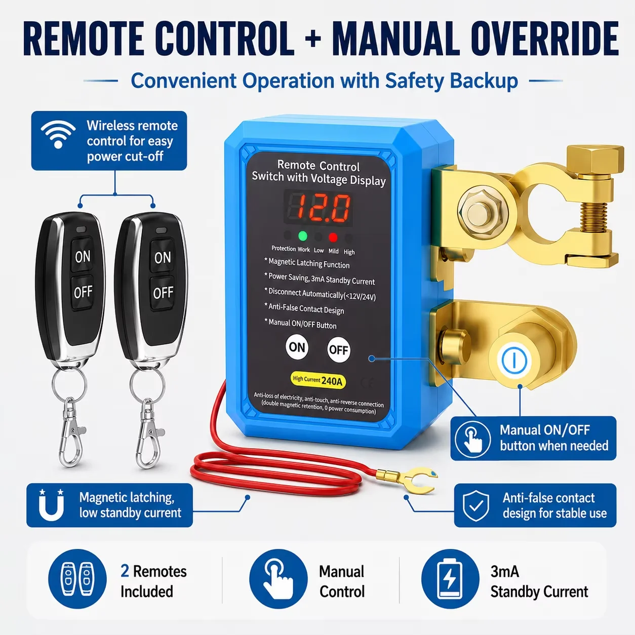 Interruttore di Disconnessione Automatica Batteria 12V 240A con Telecomando e Display LED di Tensione per Auto, Barca, Camper