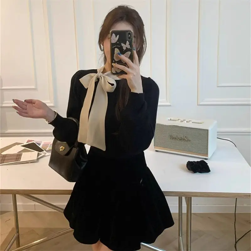 Elegant Stand Collar Solid Color Lace Up Bow Blouses Women\'s Clothing 2023 Autumn Winter Slim Korean Tops Puff Sleeve Shirts